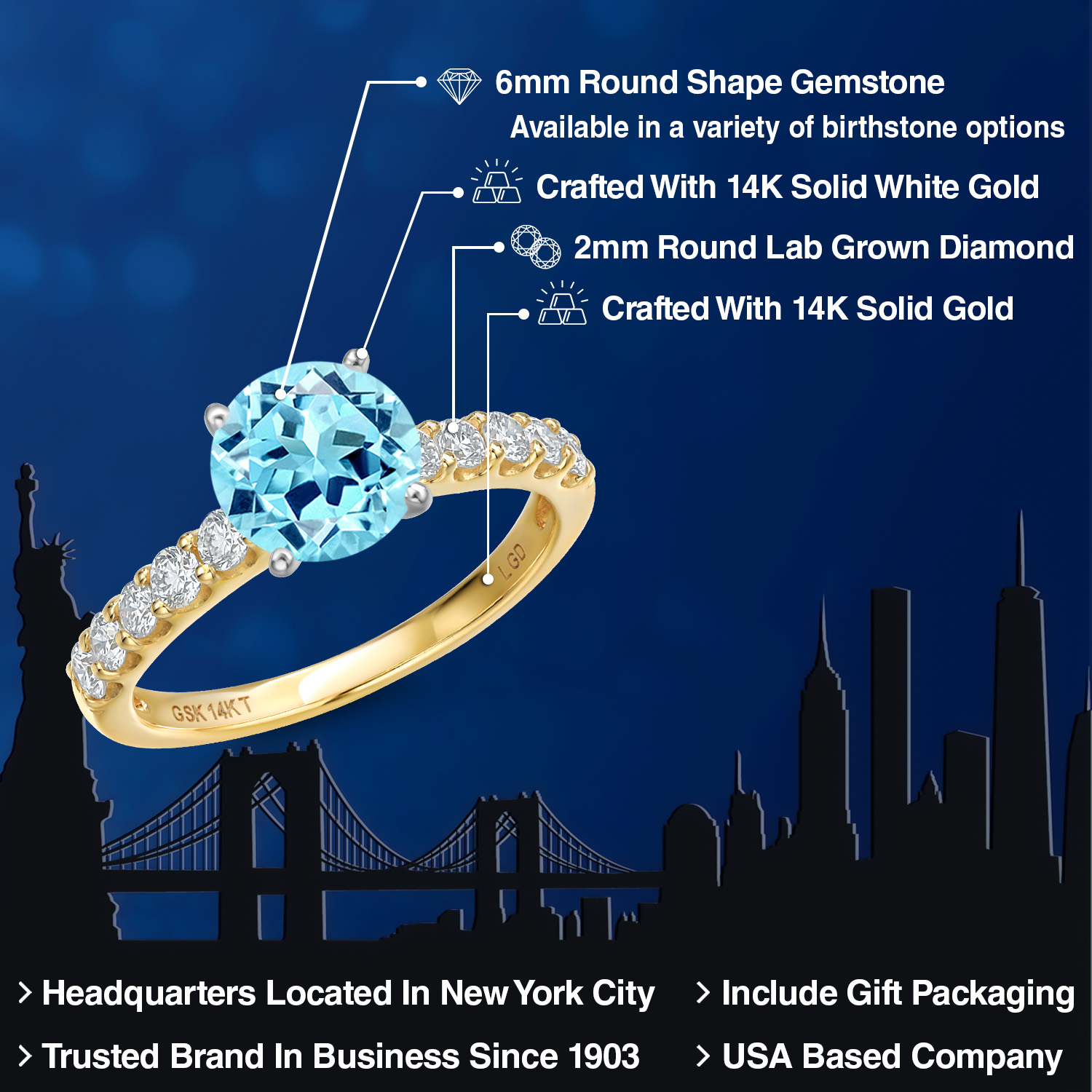 Gem Stone King 14K Two Tone Gold Blue Apatite and Lab Grown Diamond Engagement Ring for Women | 1.20 Cttw | Round 6MM | Gemstone Birthstone | Size 7