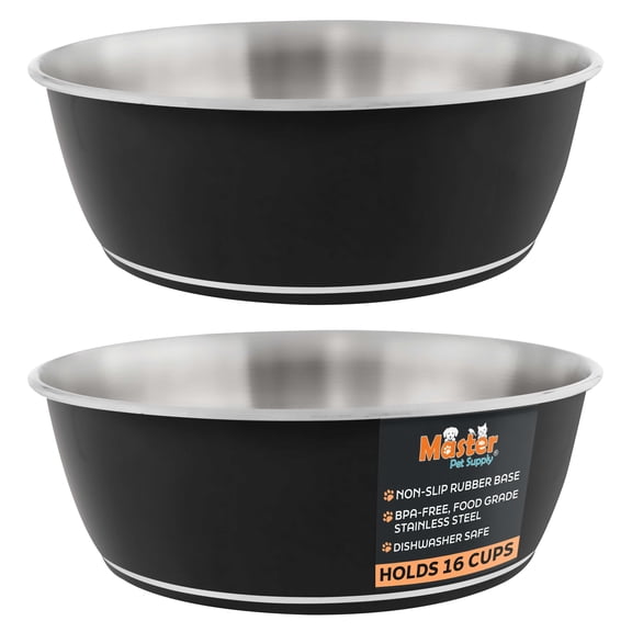 Master Pet Supply Stainless Steel Dog Bowls Set of 2 (128 Oz Each) with Non-Slip Rubber Base - Black Velvet - Basic Dog Food Bowl Water & Food Bowls for Small Medium Large Dogs & Cats, Metal Dish
