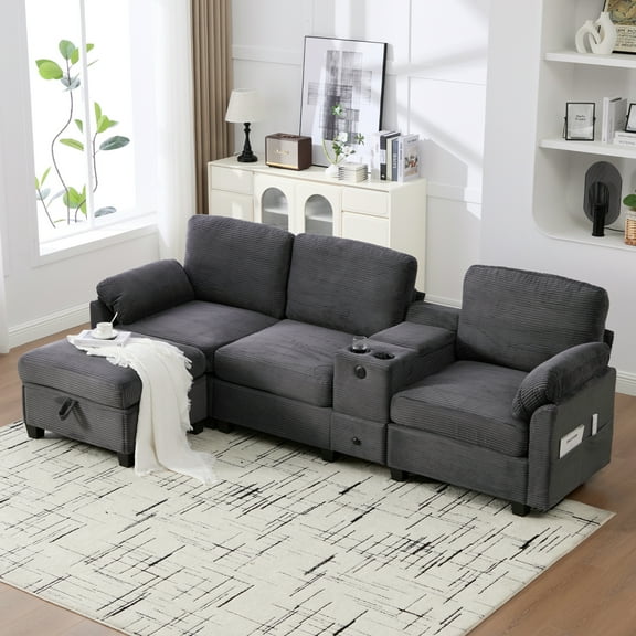 Leumius L-Shaped Sectional Sofa for Living Room,105" Modular 4-Seater Upholstered Sofa Couch with Cup Holder/USB Interface/Storage Box,Dark Gray