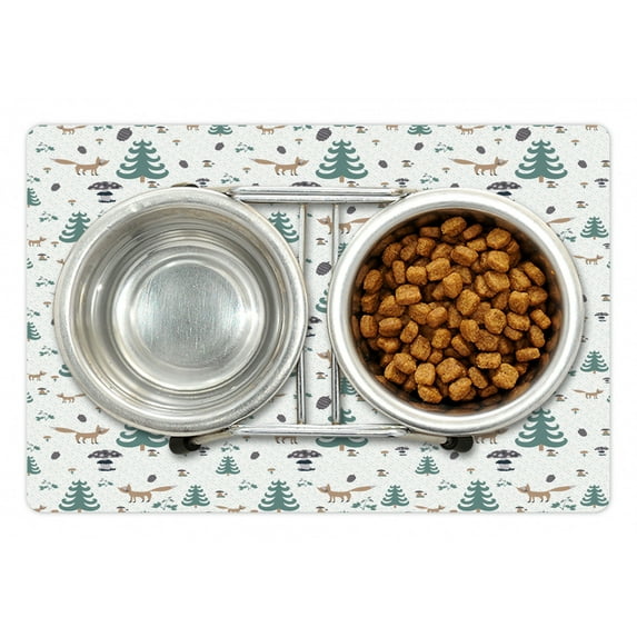 Forest Friends Pet Mat for Food and Water, Continuous Pattern with Trees Pine Cones Foxes and Mushrooms in Rain, Non-Slip Rubber Mat for Dogs and Cats, 18" X 12", by Ambesonne