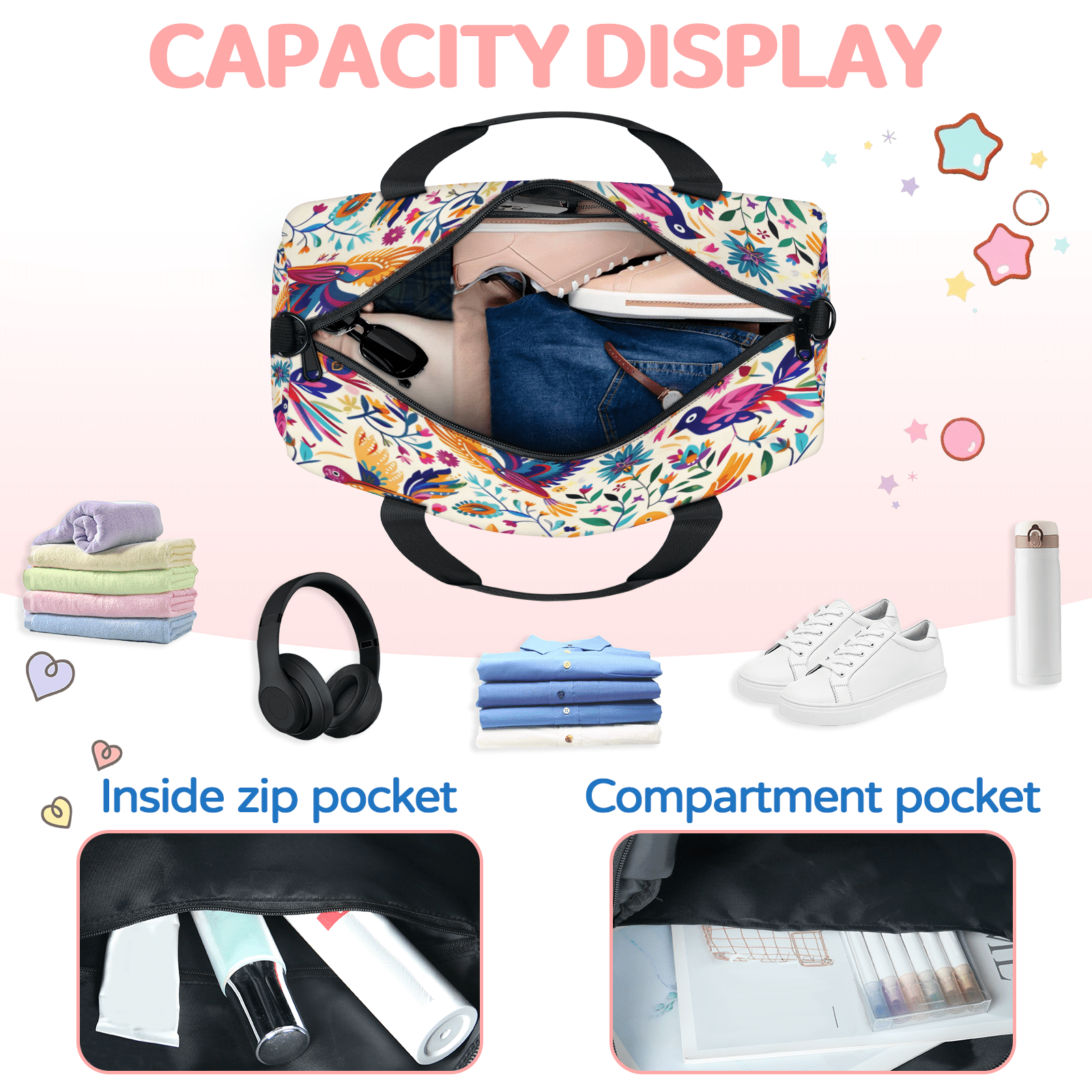 Herdesigns Mexica Mexico Floral Bird Gym Bag for Women, Duffle Bag for Travel Sport, Lightweight Waterproof Carry on Weekender Overnight Dance Yoga Workout Bags