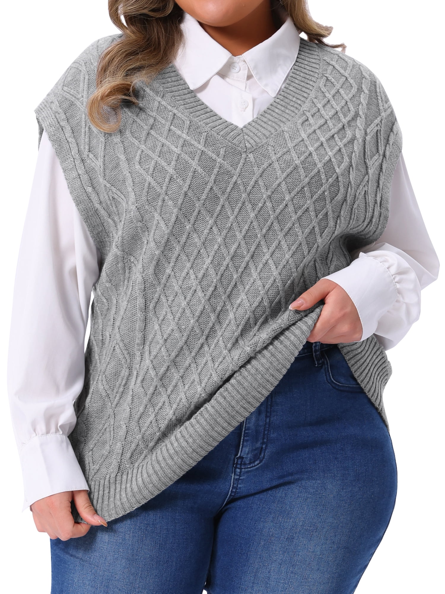 DARING DIVA Women's Plus V Neck Ribbed Knit Sleeveless Pullover Tops 4X Gray