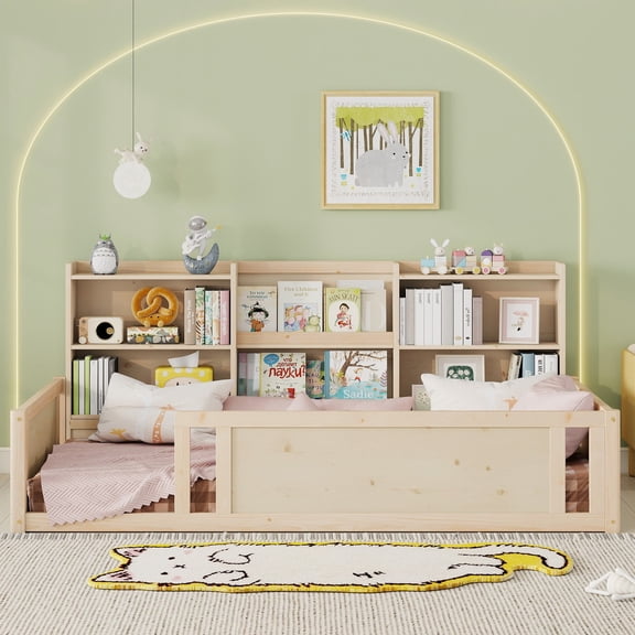 Twin Size Wooden Platform Floor Bed with Guardrail Fence & 6 Side Storage Shelves, Low-Profile Solid Wood Frame, No Box Spring Needed for Guest Room, Natural