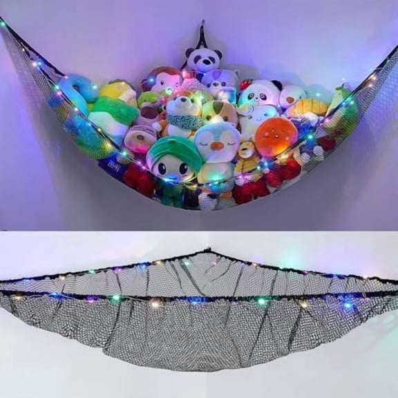 Stuffed Animals Net or Hammock Kids Toy Storage Organizer with LED Light Hanging Corner Stuffed Animals Holder Kids Girls Room Decor,Black,Large (Pack of 1)