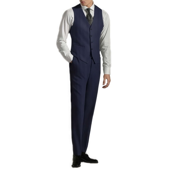 i.Finelong Men's Dark Blue Pinstripe Formal Occasion Suit Vest & Trousers 2-Piece Set