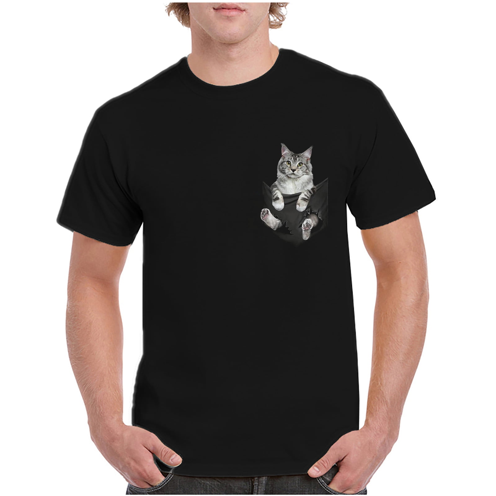 Kokovifyves Mens T Shirts Clearance under $10 Men's Pocket Cat Animal Print  Crew-Neck T-Shirt Casual Top 