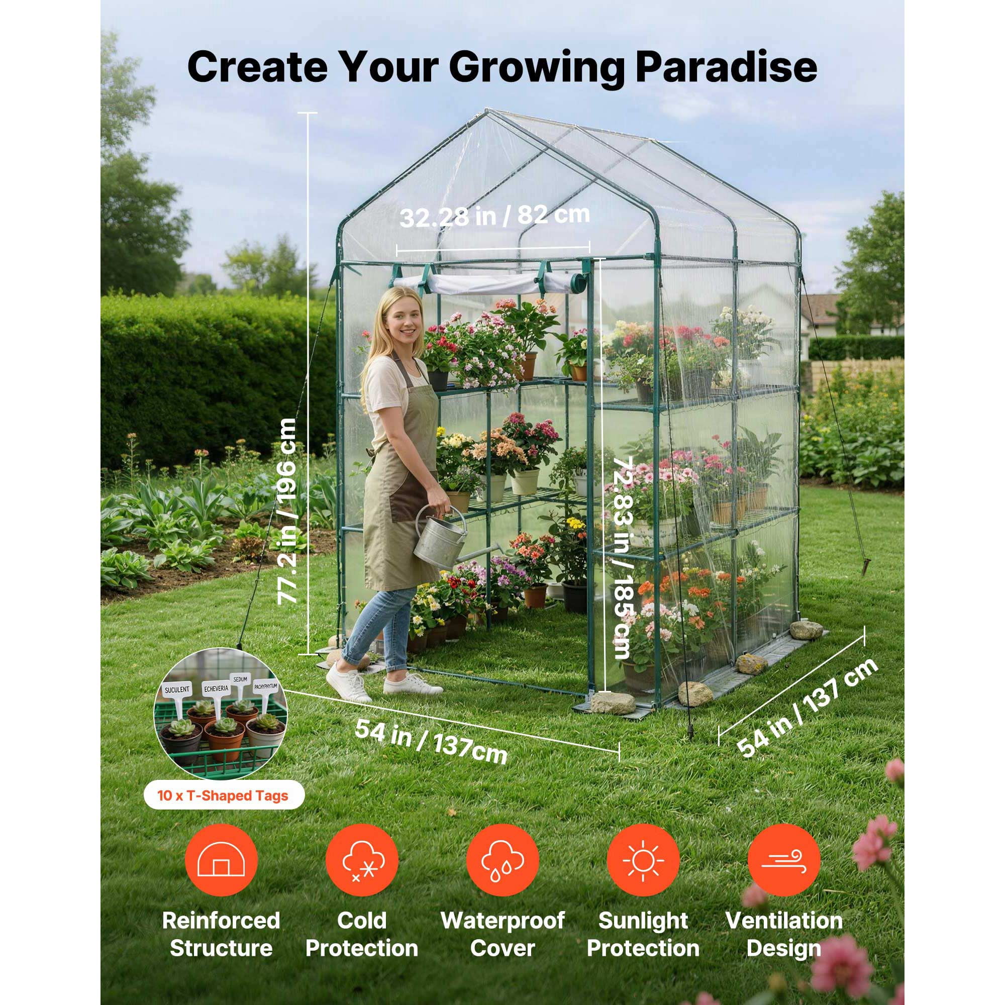 KFFKFF Walk-in Greenhouse, 54" x 54" x 77.2" Outdoor Greenhouse with PVC Cover, 2-Tier 10-Shelf Design, Roll-Up Zipper Door, Portable Garden Hot House for Backyard and Plants