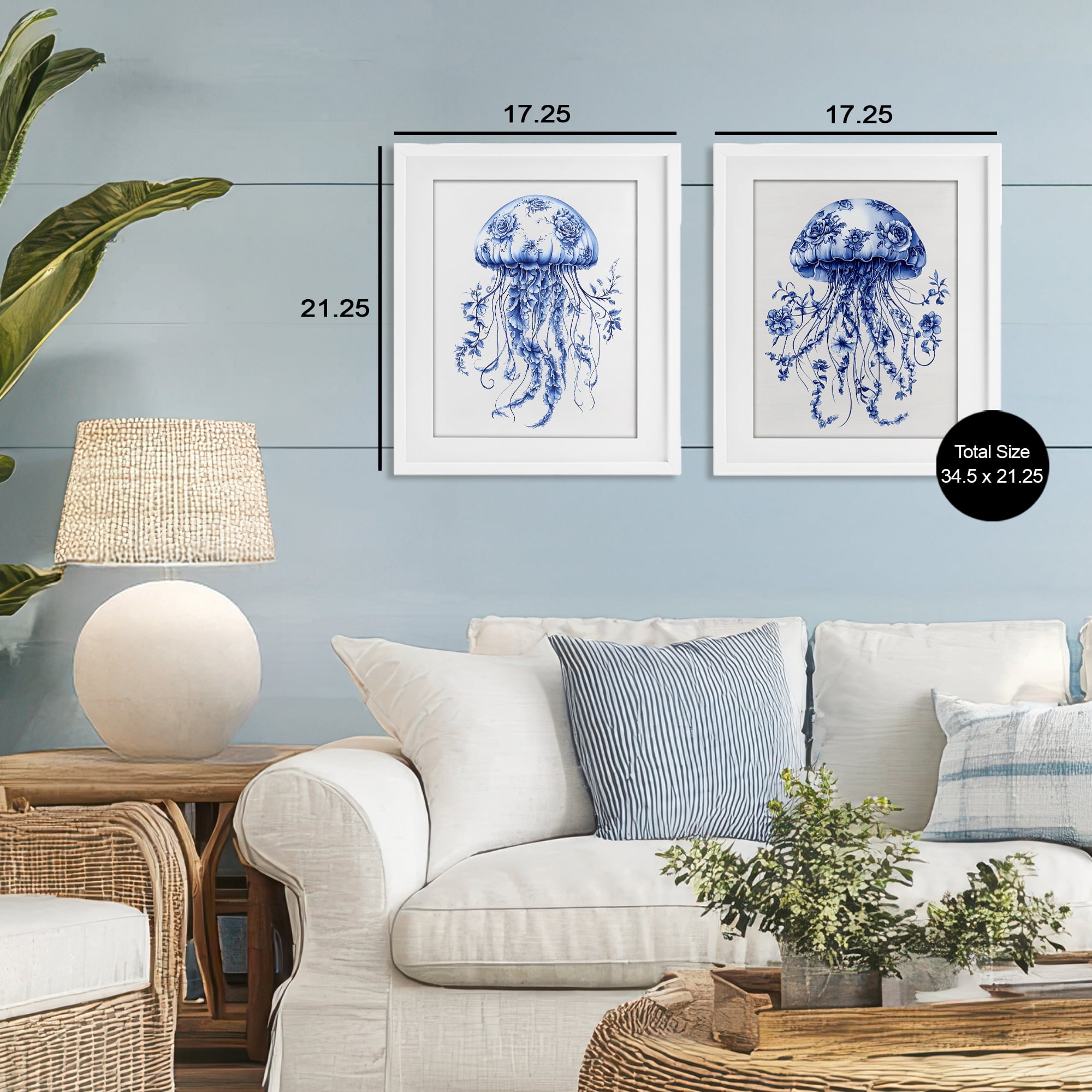 Funky Florals Toile Jellyfish 2 Piece White Framed Print Under Glass Set, design by Lettered and Lined