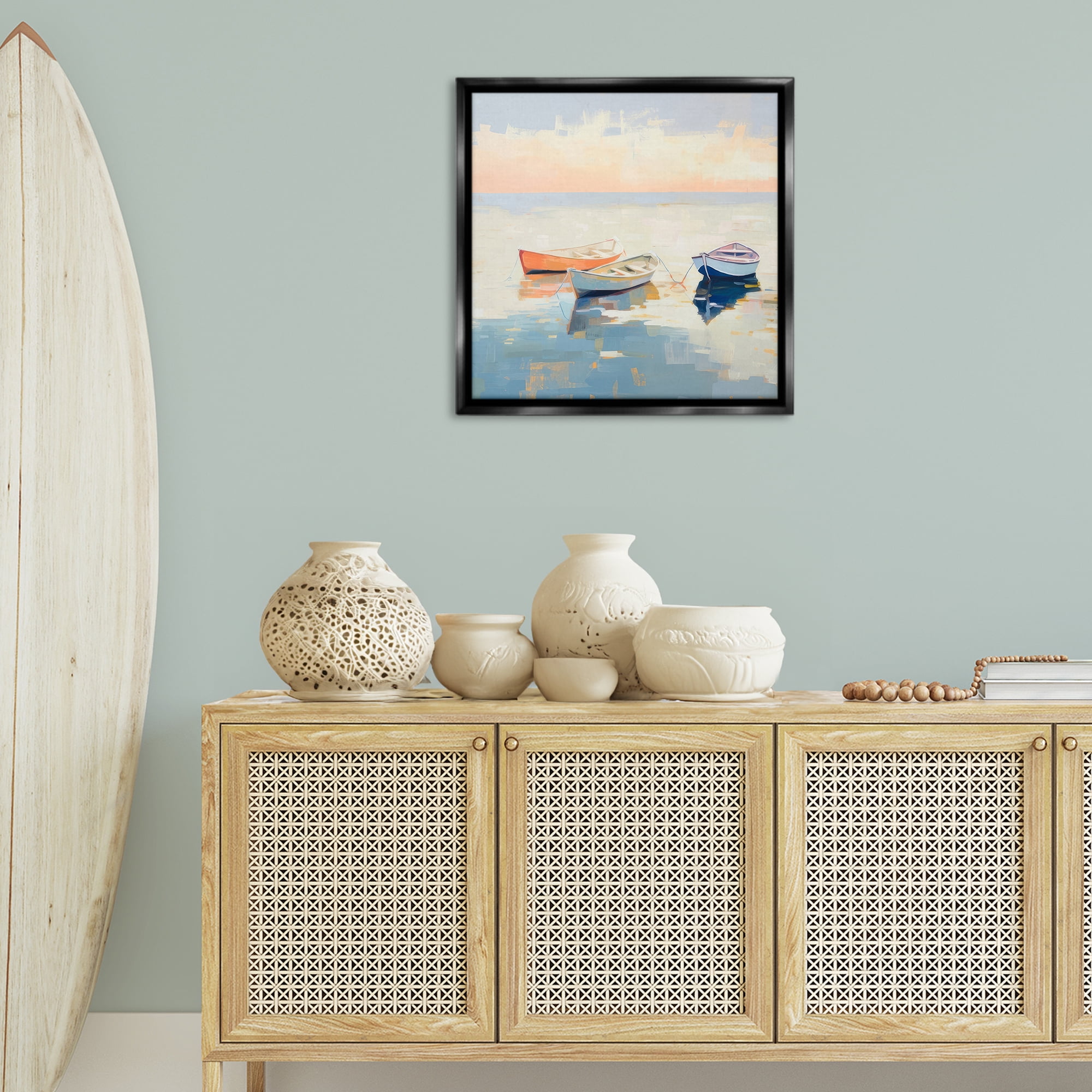Stupell Industries Boats & Coastal Breeze Nautical & Beach Painting Black Floater Framed Canvas Art Print Wall Art, 25 x 25