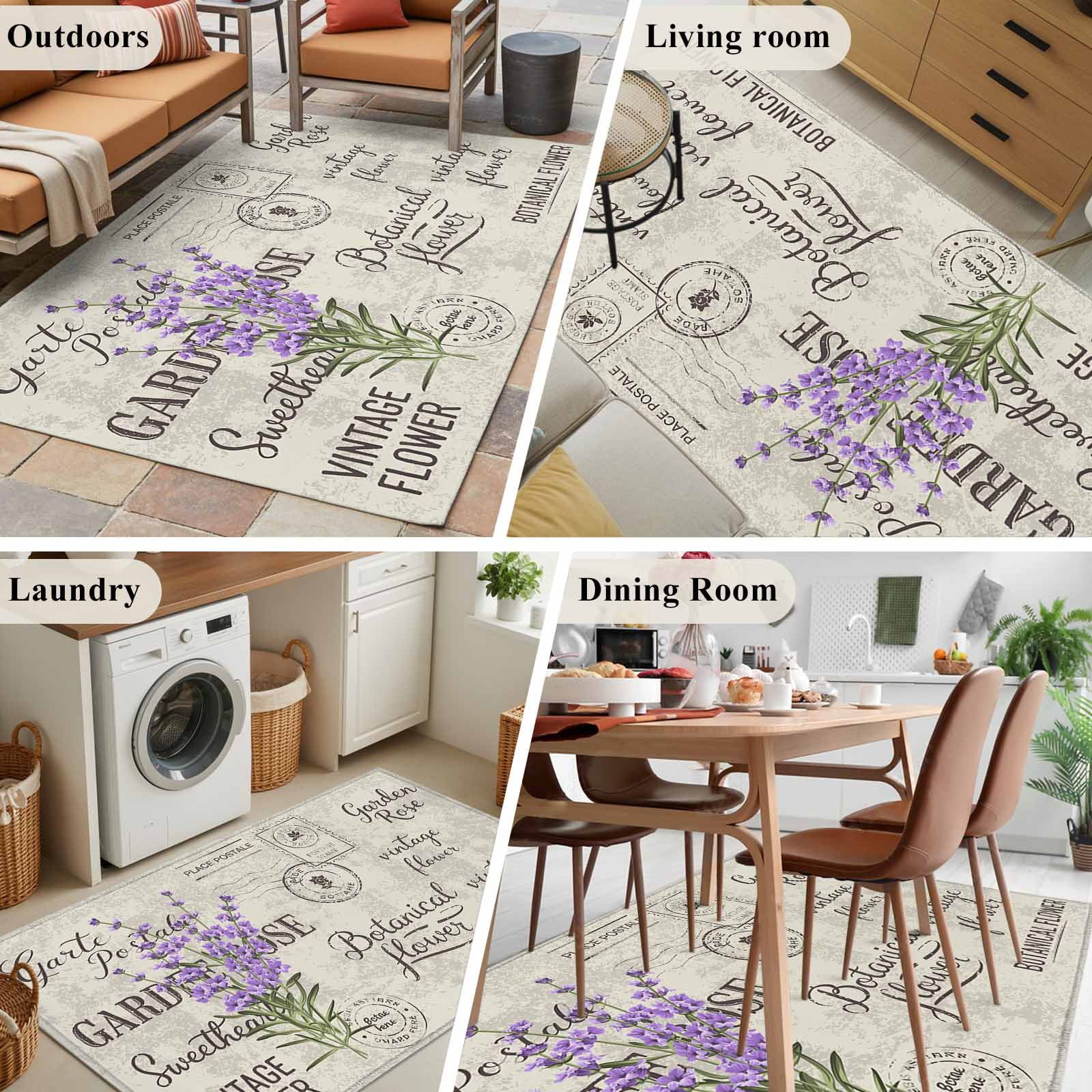 Kitchen Mats for Floor 3x5 Ft, Purple Lavenders Eater Non Slip Area Rugs for Kitchen Bedroom Entryway, Vintage Floral Retro Art Washable Carpet Runner Rug Floor Mats for Bedroom Home Decor