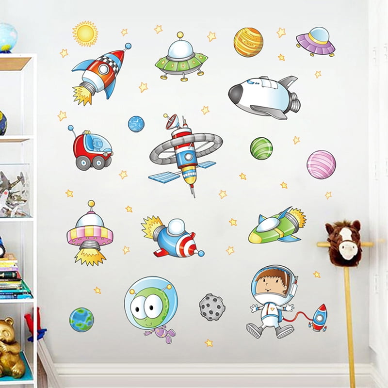 cartoon astronaut`outer space planet art wall sticker diy children`stickers kids 