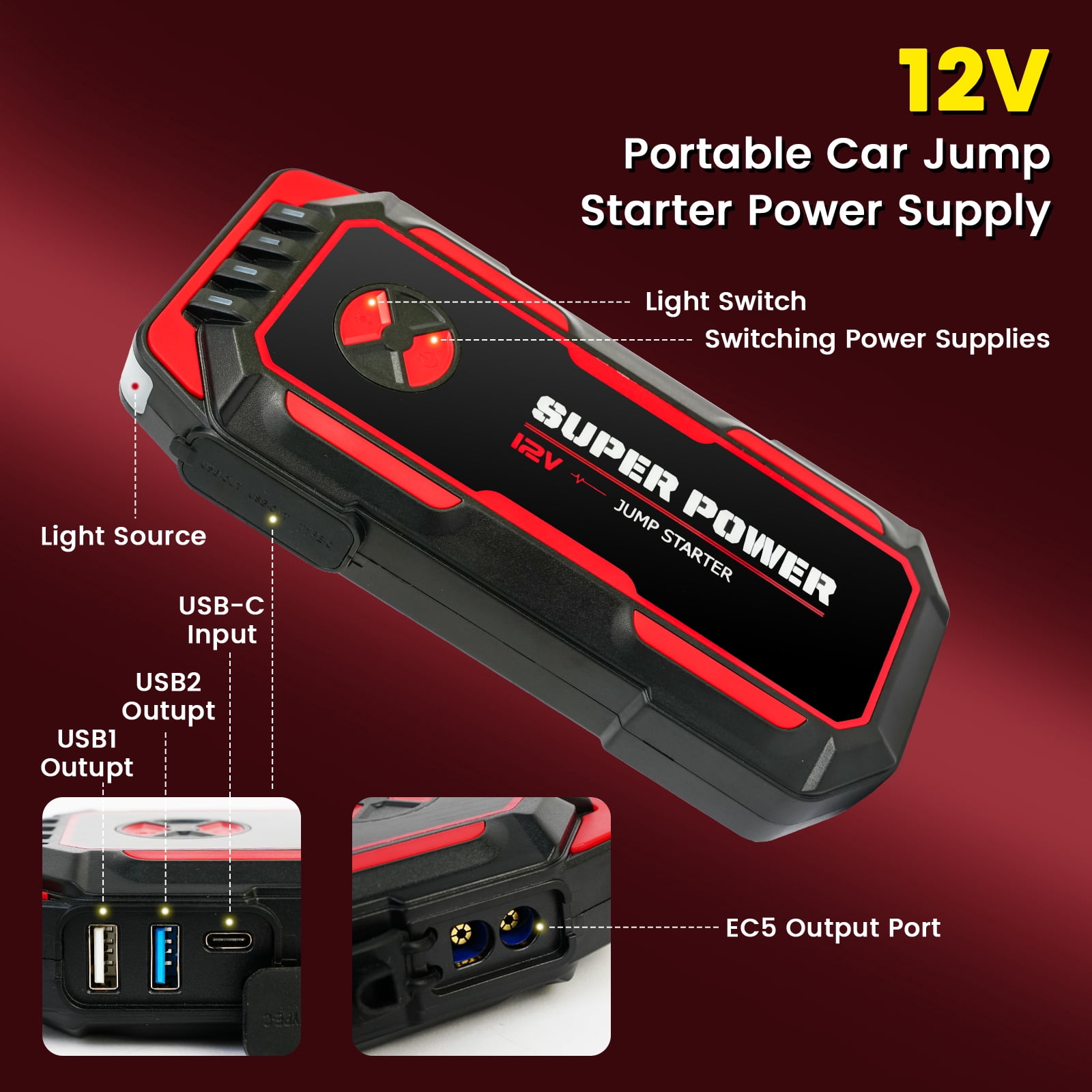 Sennachine 5000A Peak Power Portable Car Jump Starter, Compact Battery Jumper Box with USB Ports, LED Flashlight
