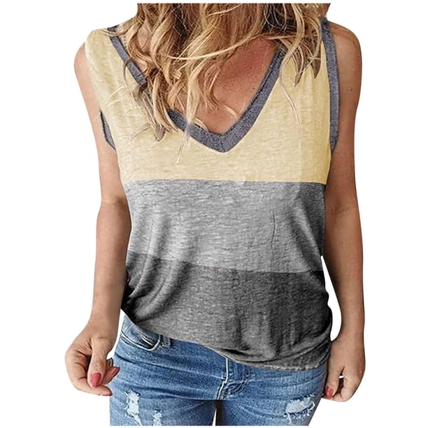 Chaleco sin mangas con cuello en V a la moda para mujer Contraste de color Falso Dos tops Pompotops lopia997420