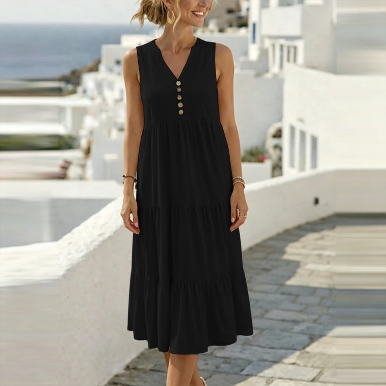 womens black tiered midi dress ClodeEU Women's V Neck Sleeveless Tunic Tiered Midi Dress,Summer Casual  Flowy Sundress Green,Women's Plus XXL