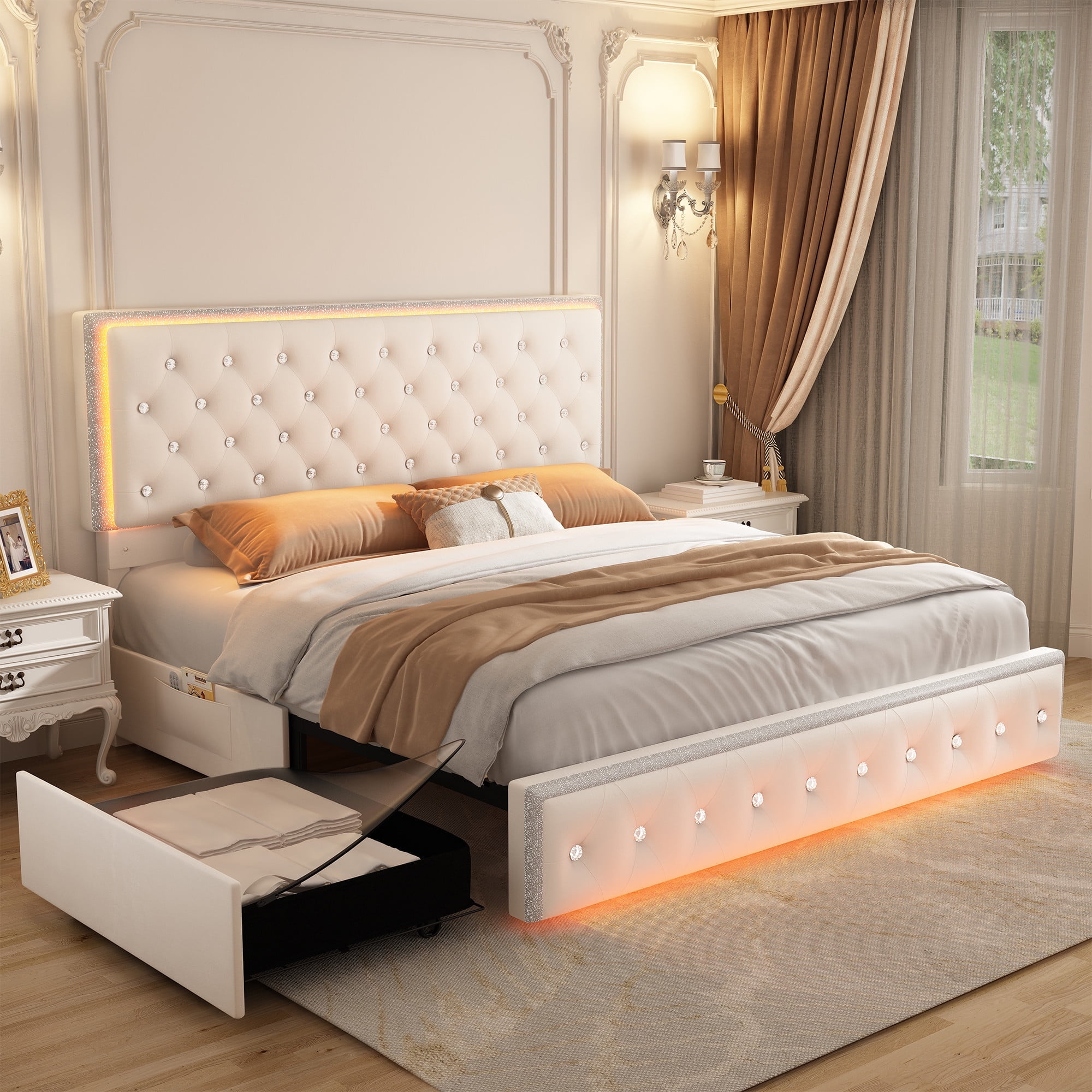 SIBEDS Full Upholstered LED Bed Frame with 2 Storage Drawers, Velvet Cream Diamond Tufted Headboard, RGB Lights, Noise Free, No Box Spring Needed
