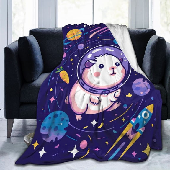 Guinea Pig in Space Throw Blanket, Galaxy Astronaut & Rocket Design, Soft Flannel Fleece, Bedroom Living Room Decor 50x40