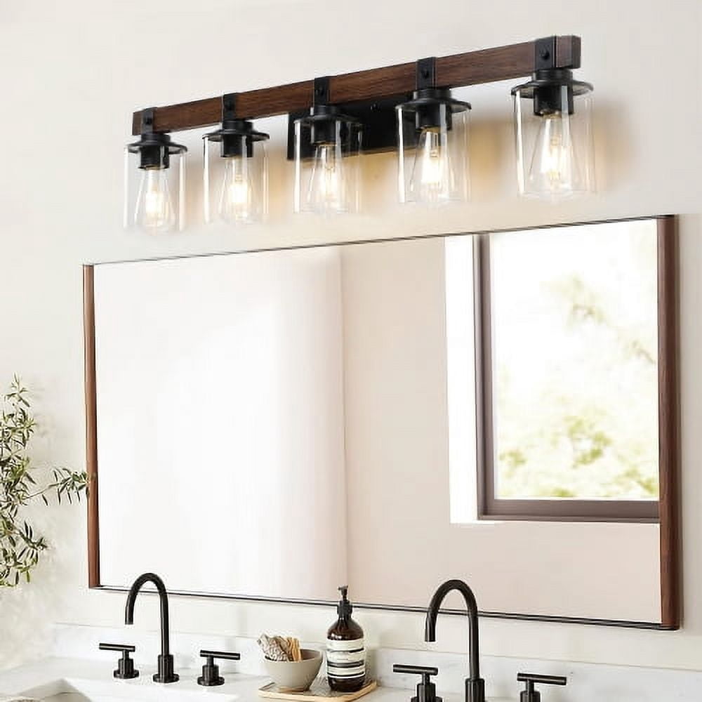 ACE-LIGHTS,5-Lights Farmhouse Rustic Bathroom Light Fixture with Glass Lampshade(Bulbs Not Included),Vanity Lights Fixture for Bathroom,Dressing Room,Bedroom,Living Room(Black)