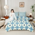 thumbnail image 4 of Manfei Tie Dye Damask Full Size Comforter Sets, Bohemian Flower Blossom Bedding Comforter Set, Baroque Jacquard Floral Bedding Sets, Blue Beige Room Decor, 3-Piece Reversible, 4 of 8