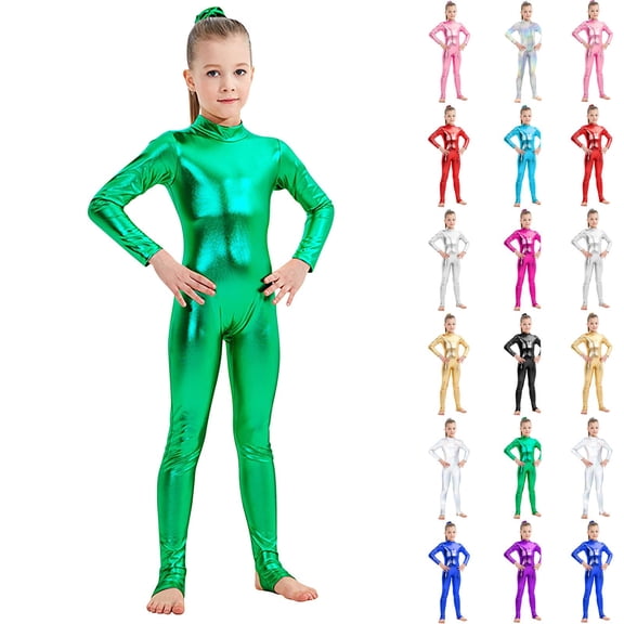 HAOTAGS One Piece Dance Jumpsuits for Girls, Long Sleeve Gymnastics Bodysuits for Kids Silver 7-9 Years
