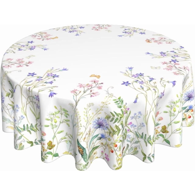 Spring Tablecloth Round 60 Inch,Sage Green Wild Flowers Table Cloth,Stain Resistance Polyester Summer Floral Plant Seasonal Table Covers for Kitchen Dining,Small Tablecloth for Parties Picnic