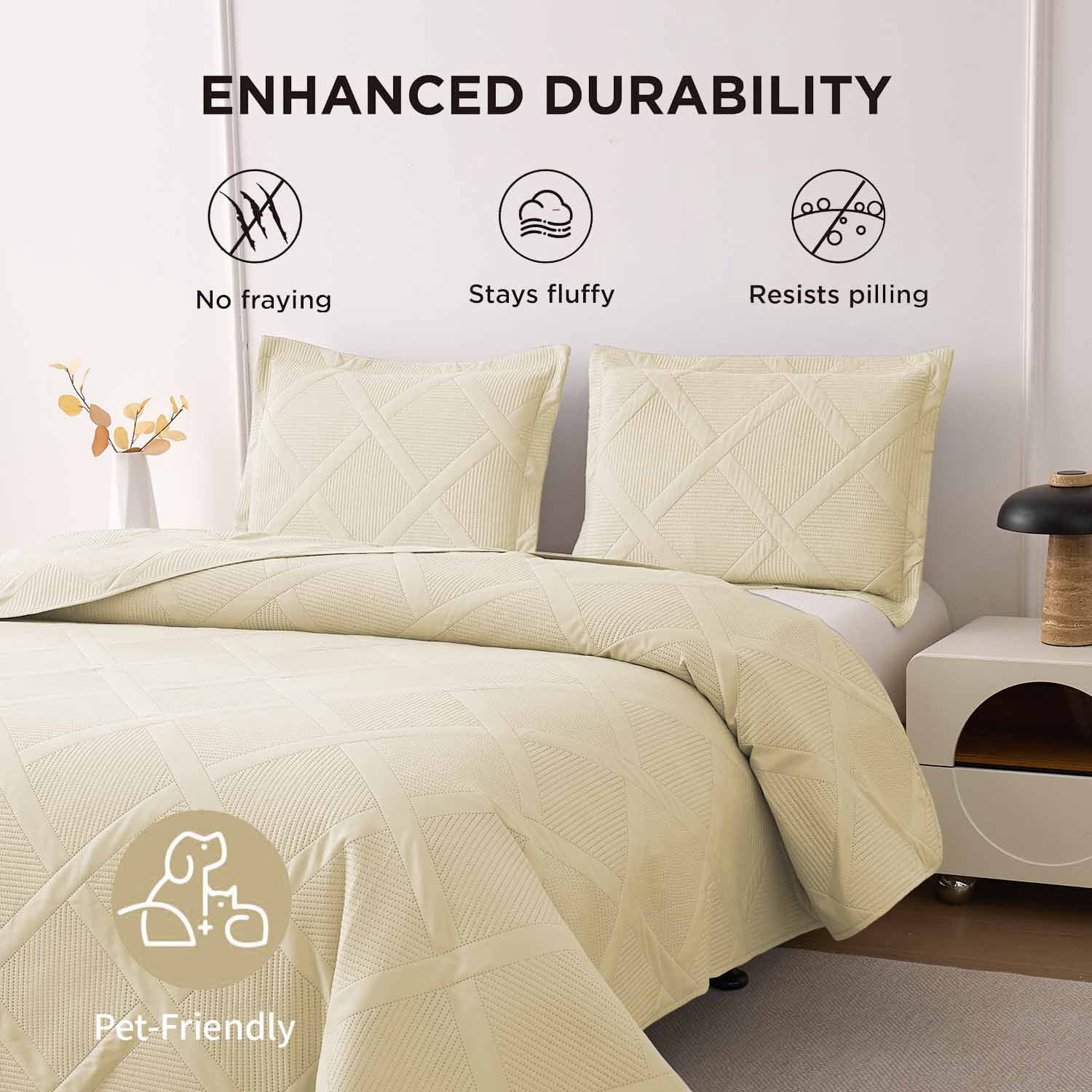 Beartech Solid Color Quilt Set Queen/Full Size Beige Bedspread Coverlet Microfiber Bedding Lightweight Reversible Set,Soft Bedding for All Seasons