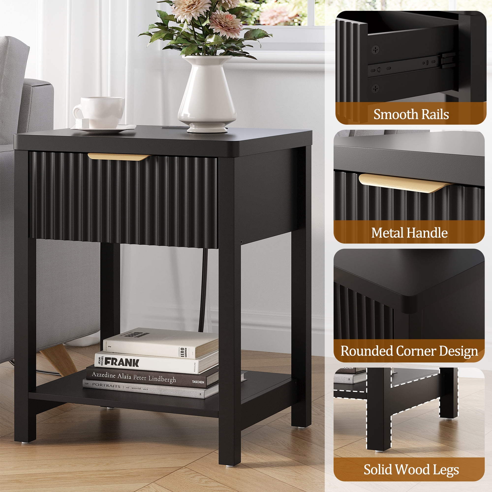 Aufeile Fluted Side Table with Charging Station, Modern End Table with Drawer & Open Shelf, 2 AC Outlets + USB & Type-C, Wood Accent Table for Living Room or Bedroom, Black