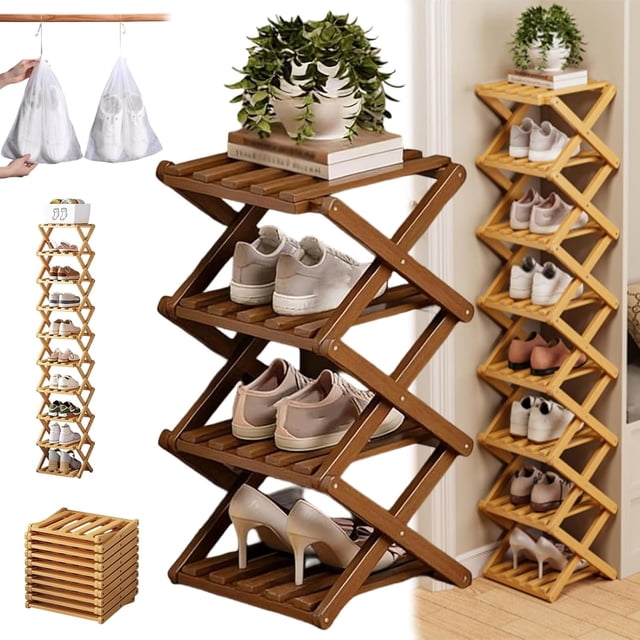 The 9-Tier No-Assembly Bamboo Rack, 2026 New Foldable Vertical Storage Organizer, Eco-Friendly, Durable, and Beautiful, No Installation Required, for Entryway Closet Dorm (Brown,4 Tier)