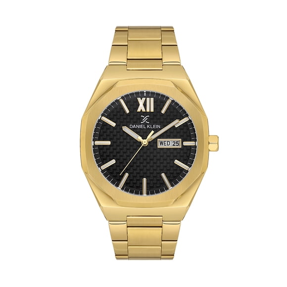 Daniel Klein Montre pour Homme, Montre Analogique en Métal Octogon 43 mm, Quartz Japonais, Bracelet en Acier Inoxydable - Calendrier Jour-Date, Aiguilles Lumineuses - Cadran Or / Noir
