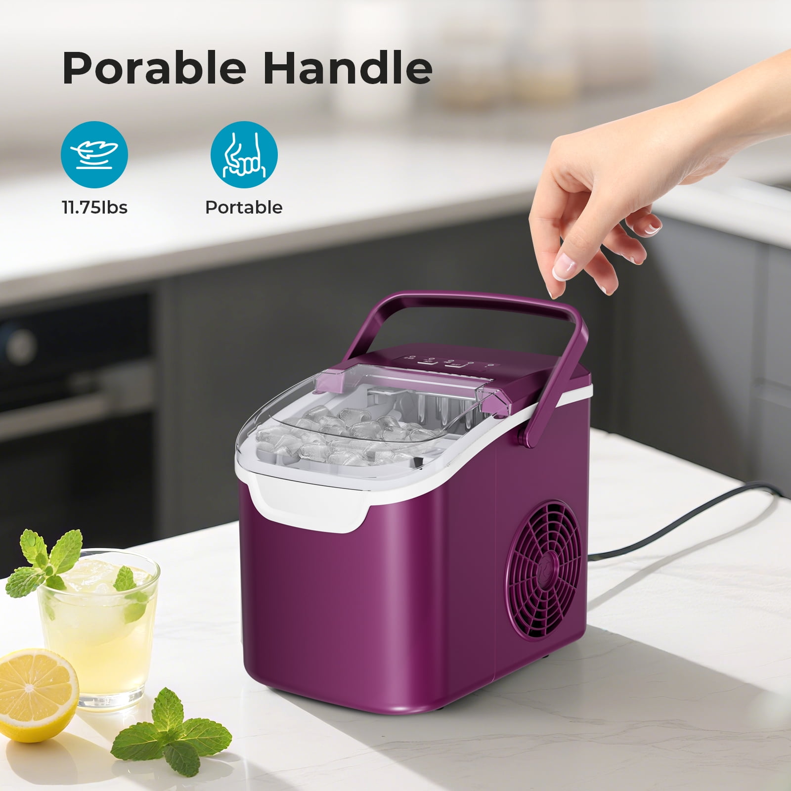 WAA Countertop Ice Makers, 26.5Lbs/Day, Quiet Portable Mini Ice Machine, Purple