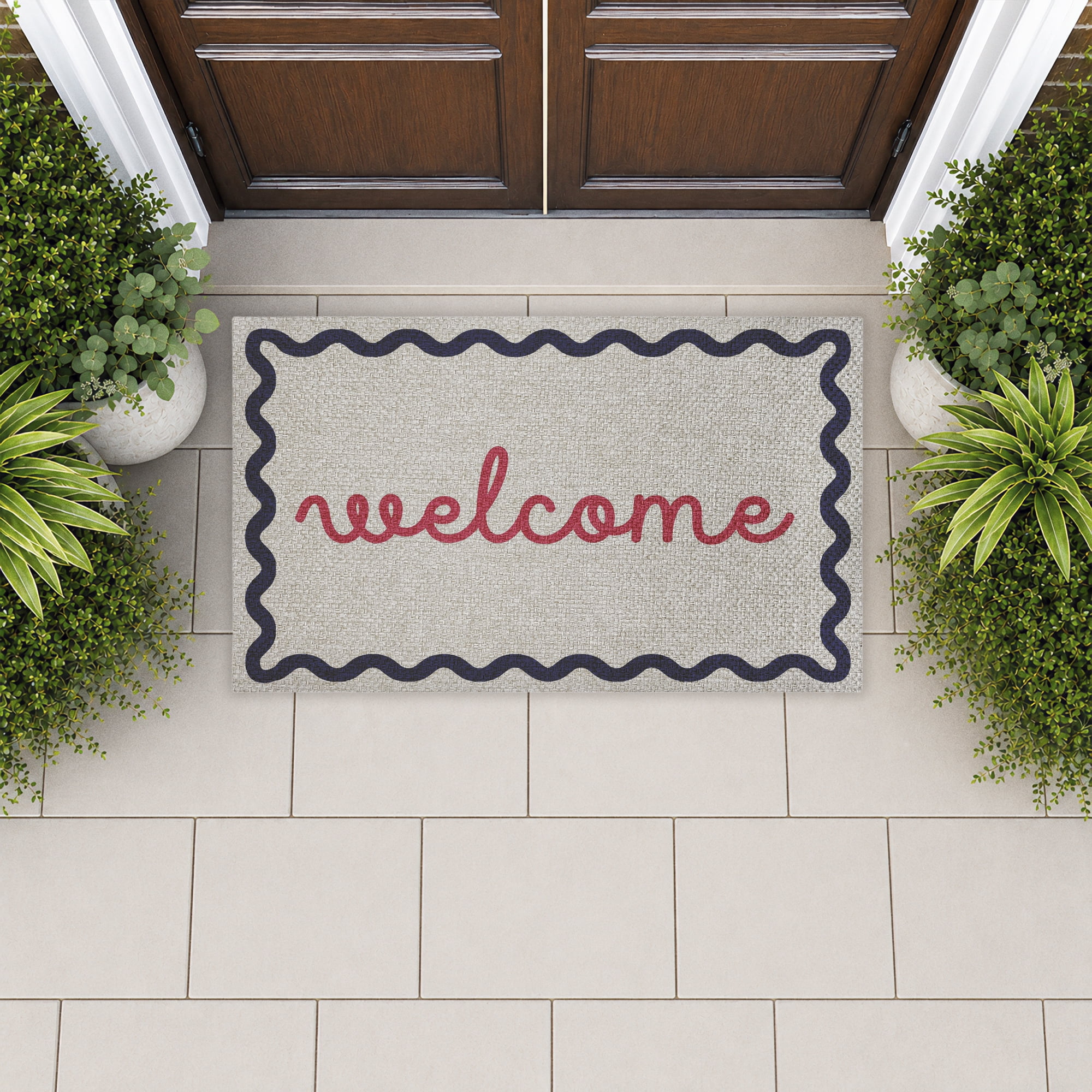 Stupell Industries Eclectic Welcome Blue & Pink Printed Outdoor Imitation Sisal Floor Mat, design by Lil' Rue