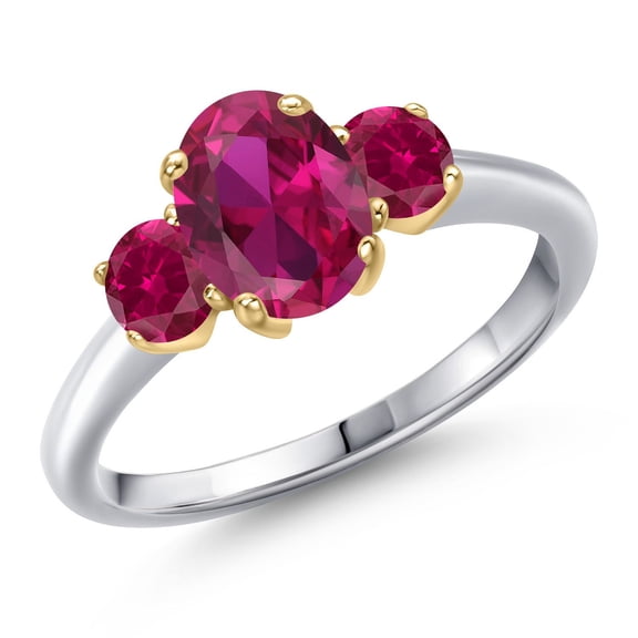 Gem Stone King 10K Two Tone Gold Red Created Ruby 3-Stone Engagement Ring for Women | 1.85 Cttw | Oval 8X6MM | Gemstone July Birthstone (Size 7)