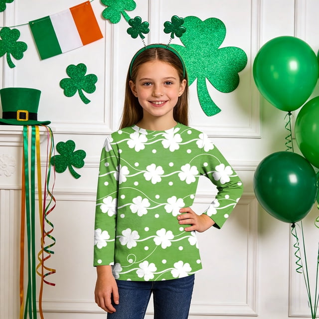 Blusas y camisas de manga larga con cuello redondo, informales, con estampado del Día de San Patricio, de manga tres cuartos y cuello redondo, para niños de talla mediana y grande.