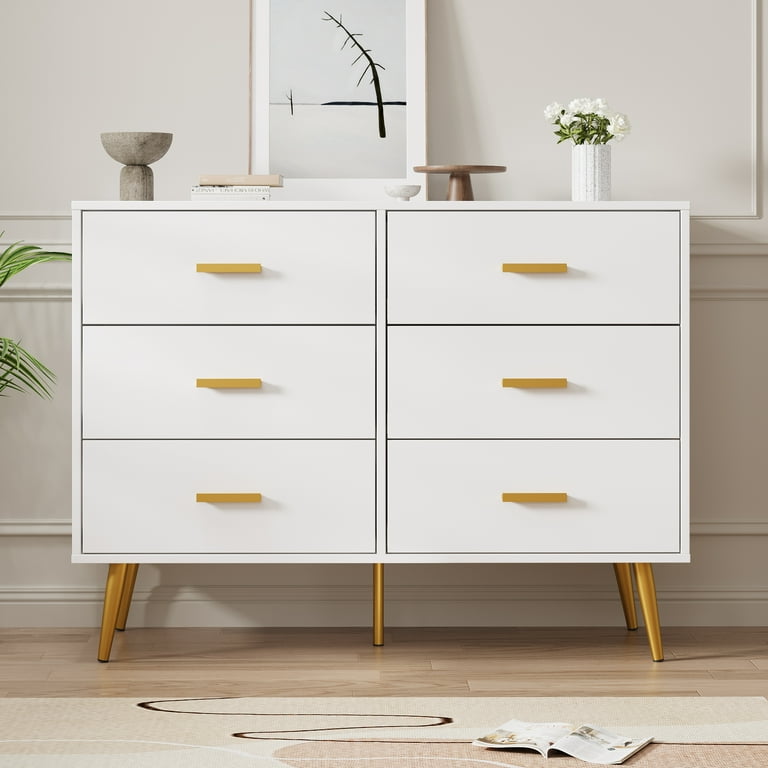 106"x40" Modern 6-Drawer Dresser - Wooden Storage Cabinet with Gold Handles  & Metal Legs