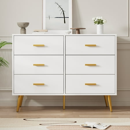 Modern 6-Drawer Dresser Wide Wooden Storage Chest with Metal Handles and Legs Bedroom Organizer for Clothes Storage Living Room Closet or Entryway White