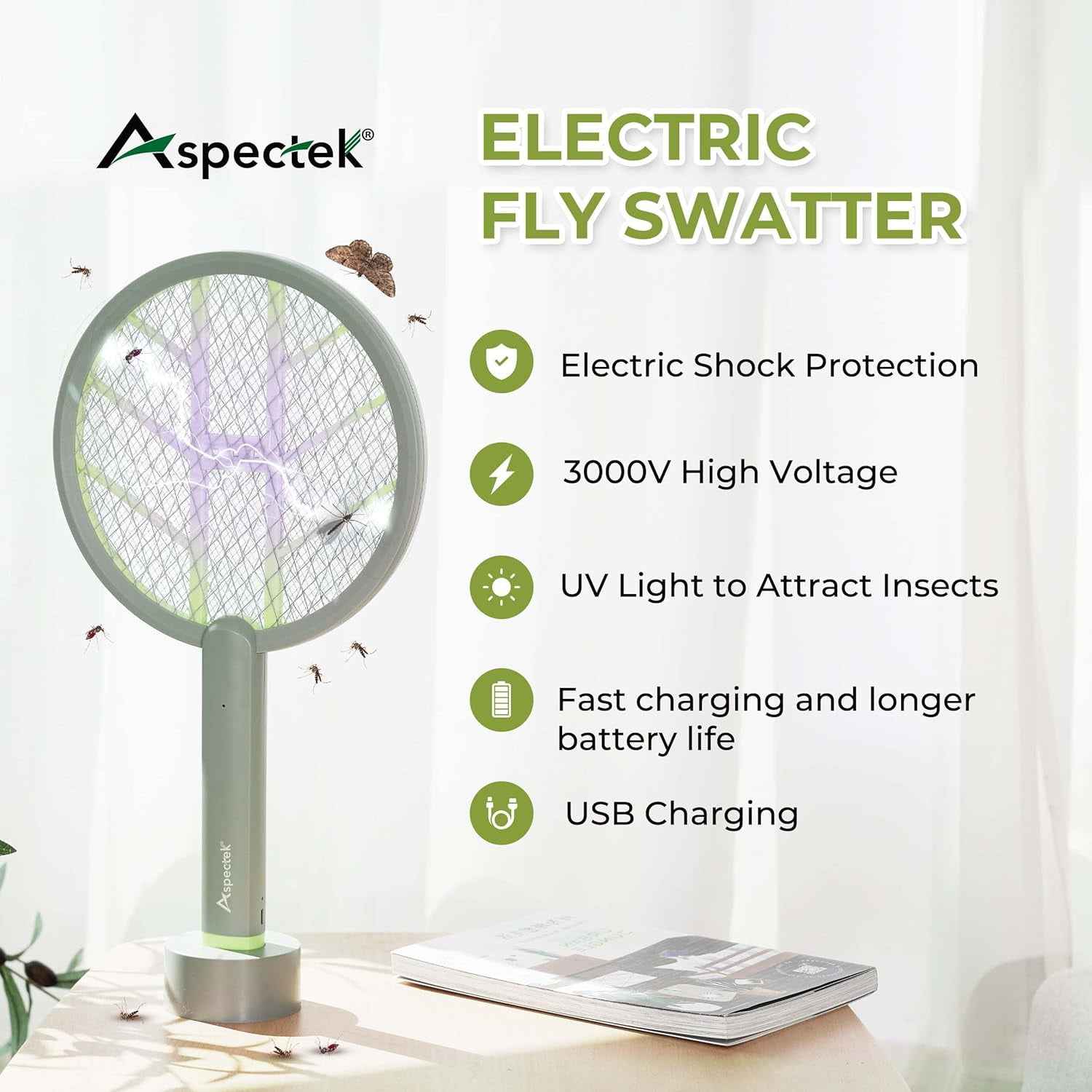 Aspectek Electric Fly Swatter and Bug Zapper, 3000V, Handheld