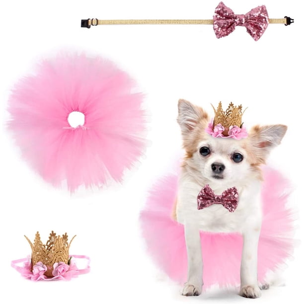 Disfraz de perro de 3 piezas para fiesta de cumpleaños de mascotas: falda tutú rosa, corona, sombrero de lentejuelas, pajarita con correa ajustable para el cuello para boda, cachorro, cumpleaños