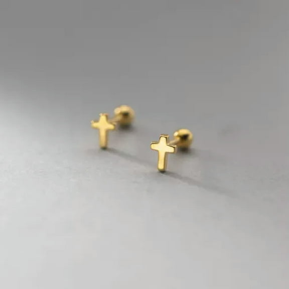 EOEMY Solid 925 Sterling Silver Small Cross Crucifix Stud Earrings Screw Backs-Gold