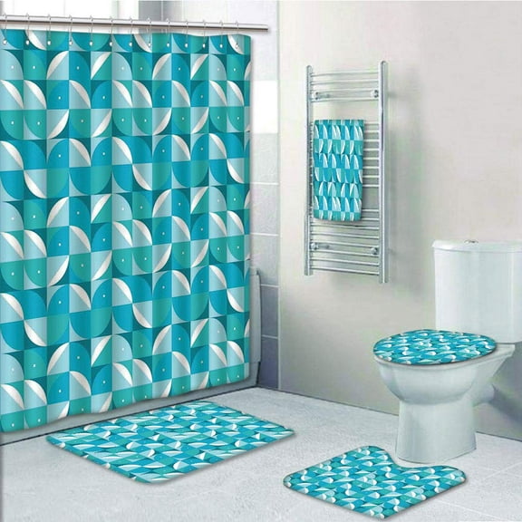 PRTAU Fractal Abstract Forms with Half Circles Triangles Aqua Sky 5 Piece Bathroom Set Shower Curtain Bath Towel Bath Rug Contour Mat and Toilet Lid Cover