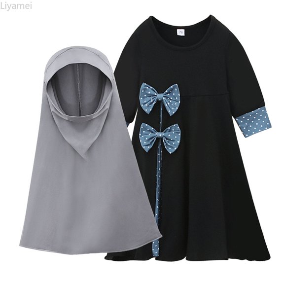 Liyamei Baby Girls' Ramadan Abaya With Hijab Full Length Robe Burka Maxi Little Kid Toddler Baby Girl Dresses Spring Floral Dress Sets Size Black 5-6 Years