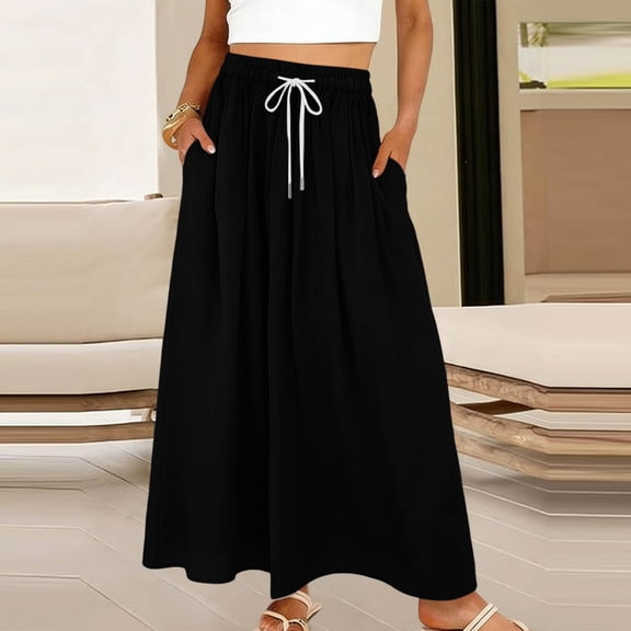 SOOMLON Flowy Skirts for Women Plus Size Elastic Waist Maxi Skirt Cooling Skater Skirt with Pockets Versatile Skirt