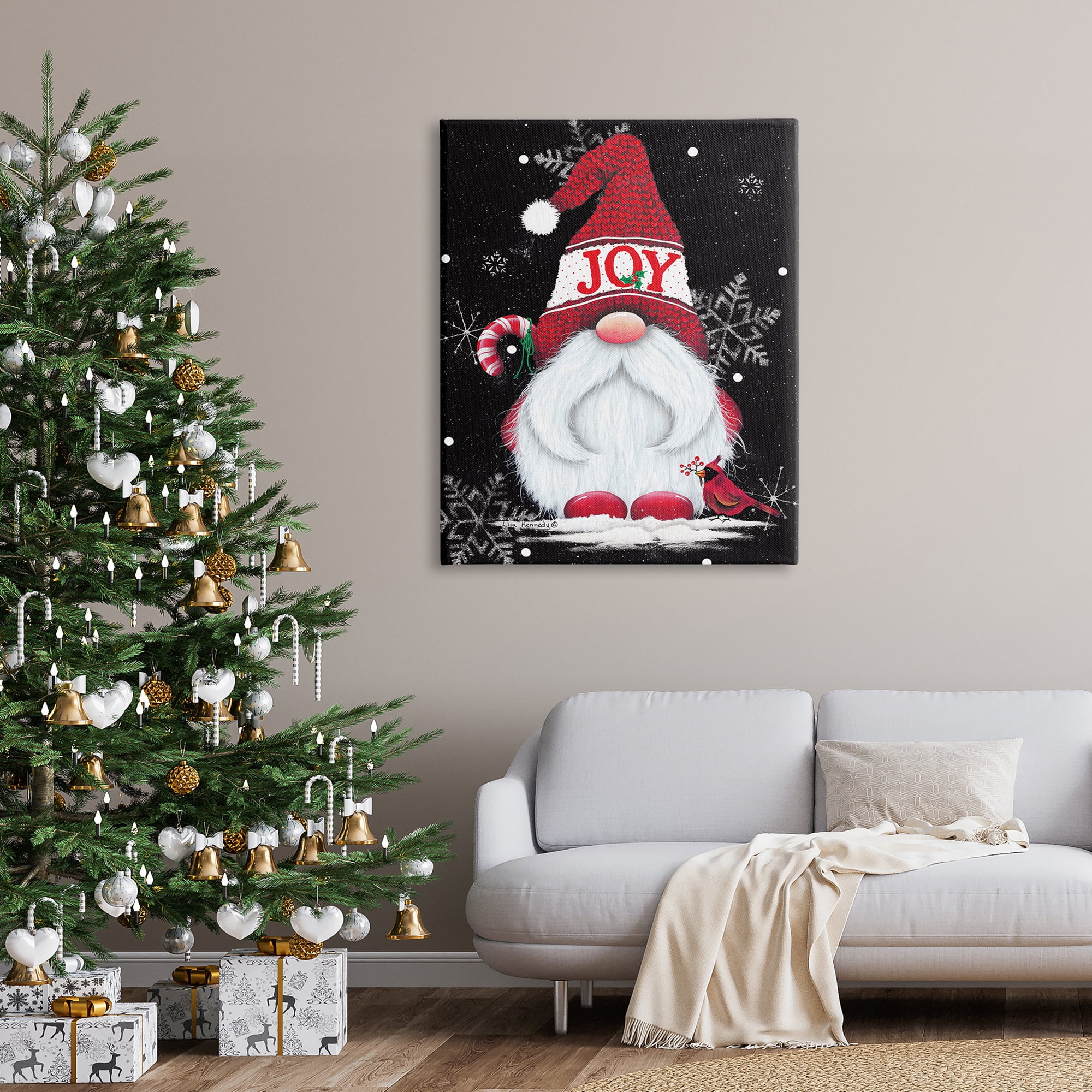 Red Holiday Gnome Candy Cane Snowflakes Pattern Fairy Tales & Fantasy Graphic Art Gallery-Wrapped Canvas Print Wall Art