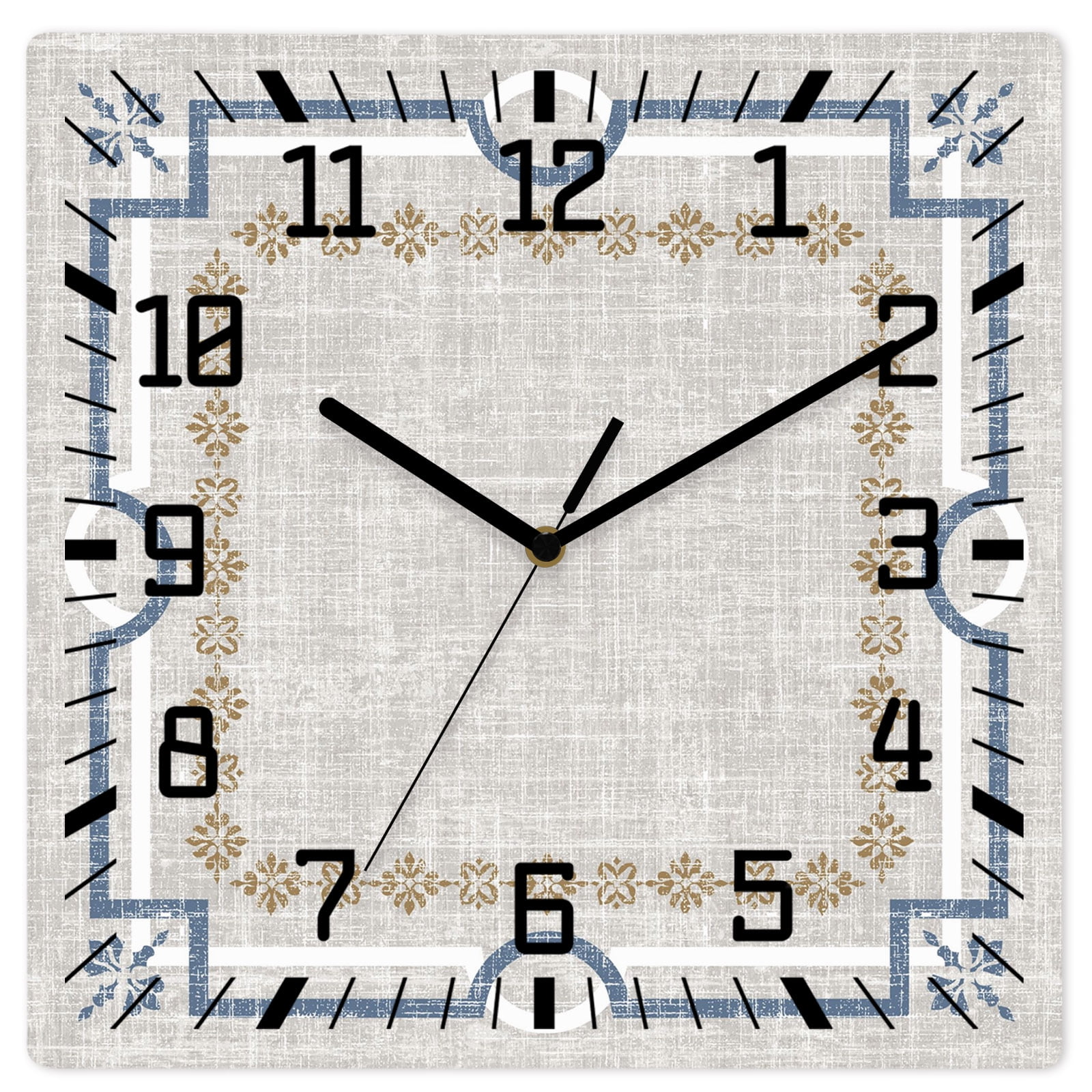 Ivory White Farmhouse Wall Clock Linen Texture Geometric Lines Floral 10 Inch Wooden Wall Clock Silent Non Ticking Wall Clocks Quartz Battery Operated Square Clock for Living Room Bedroom Home