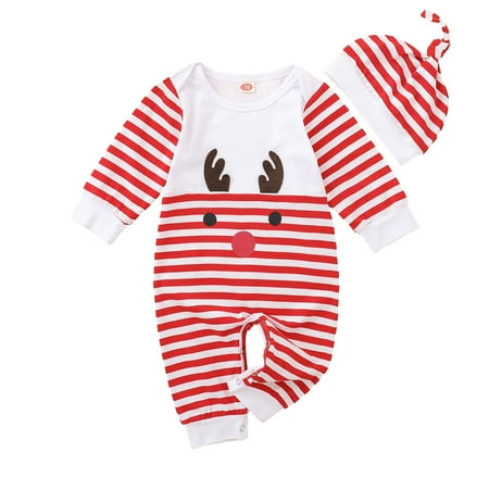 

2Pcs Baby Christmas Outfits Cartoon Deer Pattern Stripes O-Neck Long-Sleeves Jumpsuit + Hat Suit for Toddlers Girls