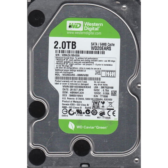 WD20EARS-00MVWB0, DCM HBRNHTJCH, Western Digital 2TB SATA 3.5 Hard Drive