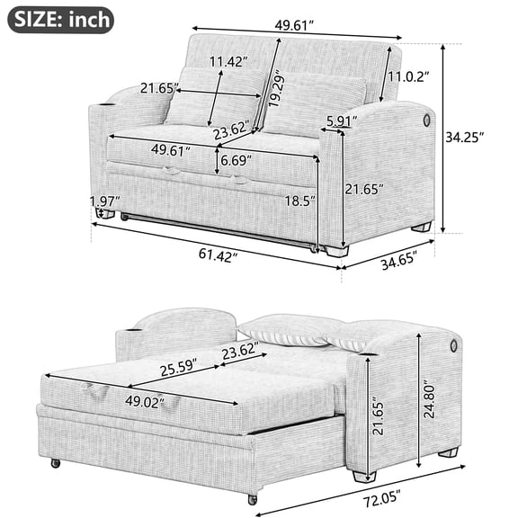 JERFIT Modern Convertible Sofa Bed with Pull Out Sleeper, Adjustable Backrest, USB Charging Ports & Cup Holders, Chenille Upholstery for Small Space, Living Room, Apartment, Gray