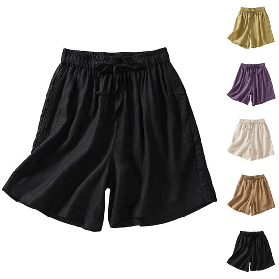Bermuda Shorts for Women Cotton Linen Lightweight Elastic Waist Wide Leg Loose Fit Casual Shorts with Pockets