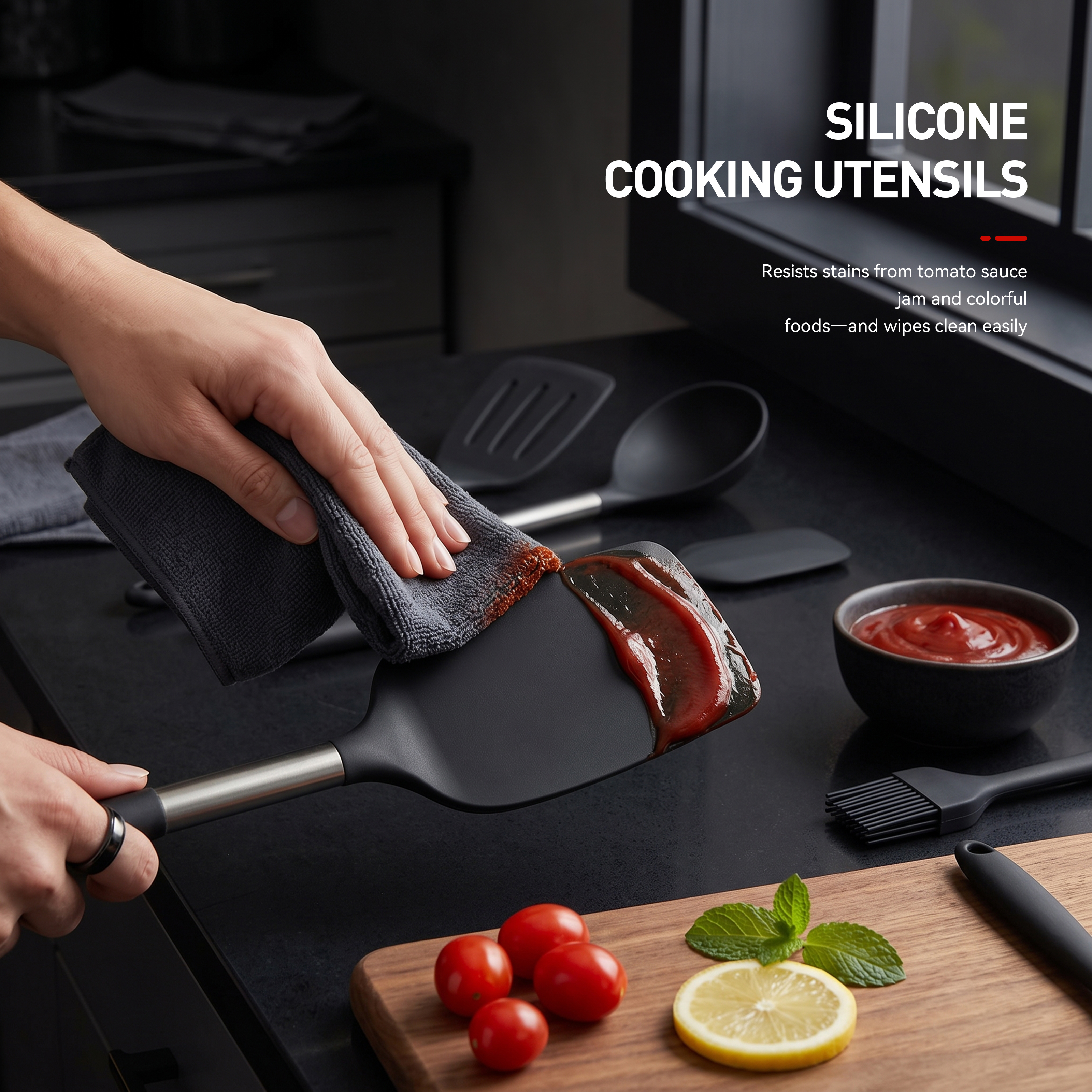 oannao Large Silicone Cooking Utensils Set, Black photo 3