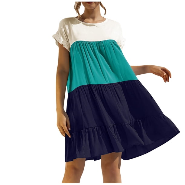 Moda mujer Casual verano cuello redondo manga corta costura vestido suelto falda corta vestidos Fridja qw2525