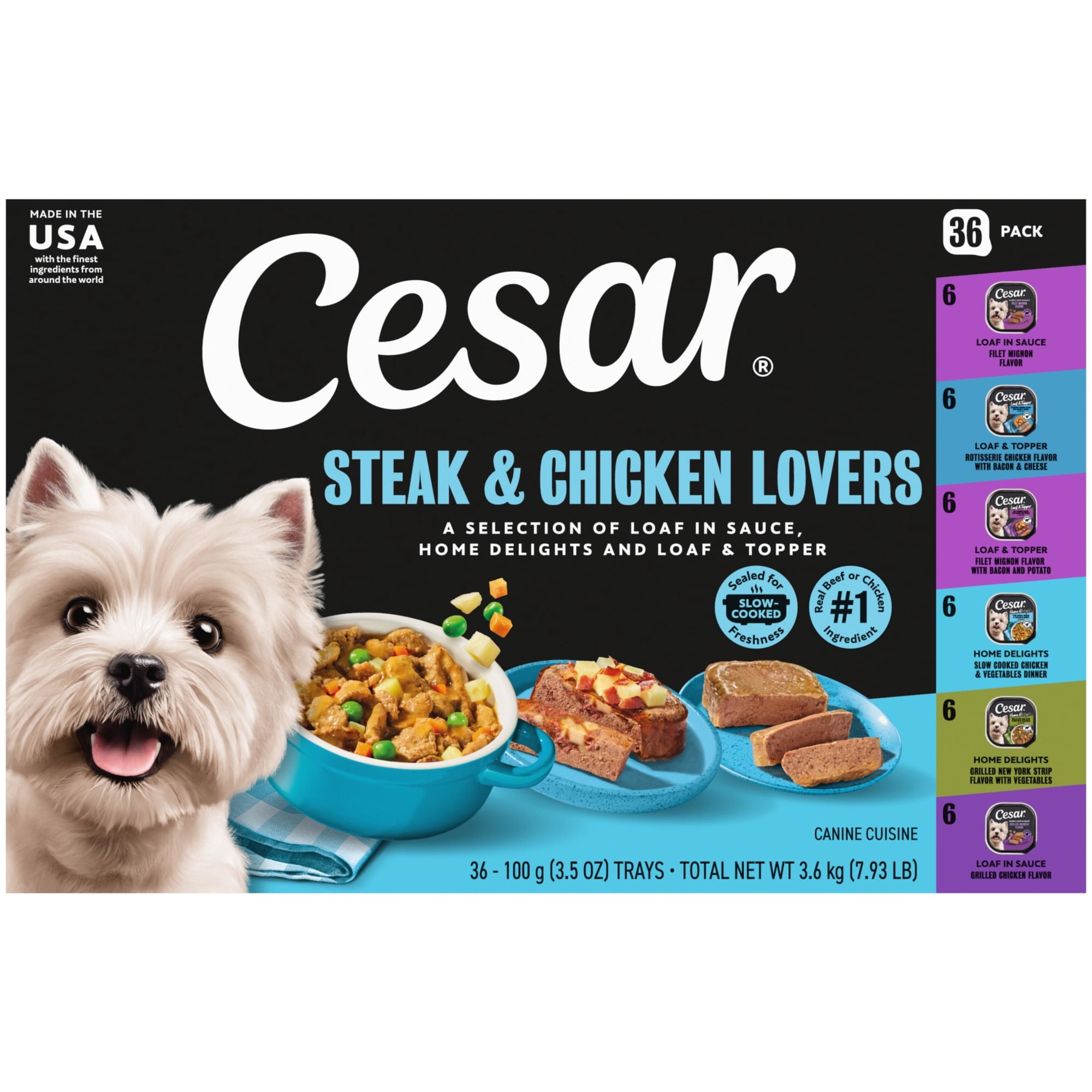 Cesar Steak & Chicken Lovers Variety Pack Real Beef Or Chicken Wet Dog Food, 3.5 Oz Trays (36 Ct)