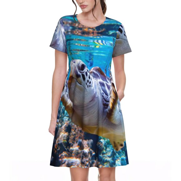 Bixox Women's Short Sleeve Summer Dress Loose Swing Knee Length Dresses with Pockets-Sea Turtle Swims